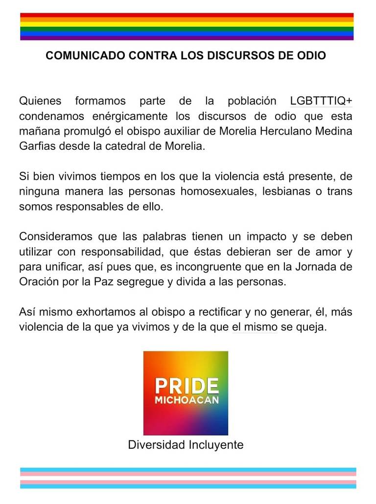 Colectivo LGBTTTIQ+ condena “discursos de odio” del obispo de Morelia - El  Sol de Morelia | Noticias Locales, Policiacas, sobre México, Michoacán y el  Mundo